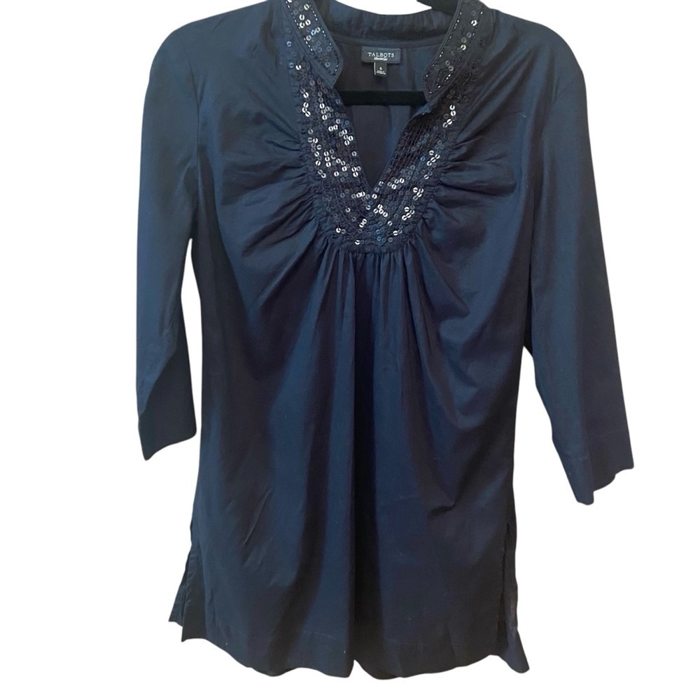 Talbots Tunic Top Sequin Collar Size S Black 3/4 Sleeve Oversized Embellished